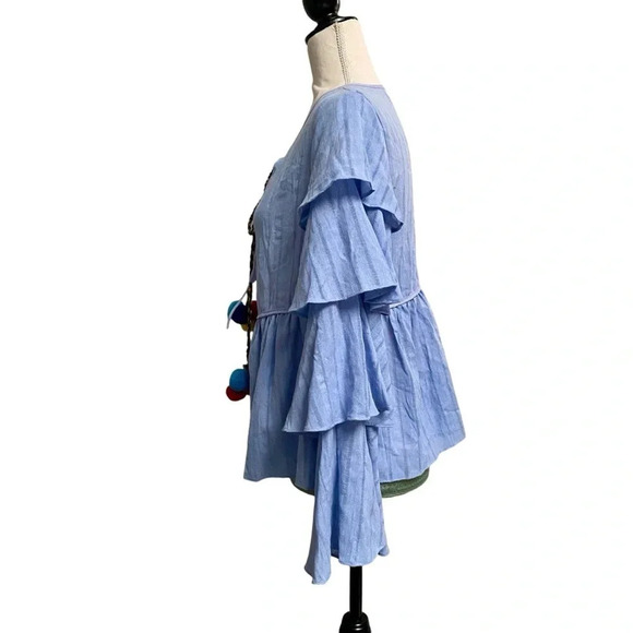 English Factory Blue Pom Pom Tie Top Tiered Sleeve Blouse Size Small - Picture 11 of 16